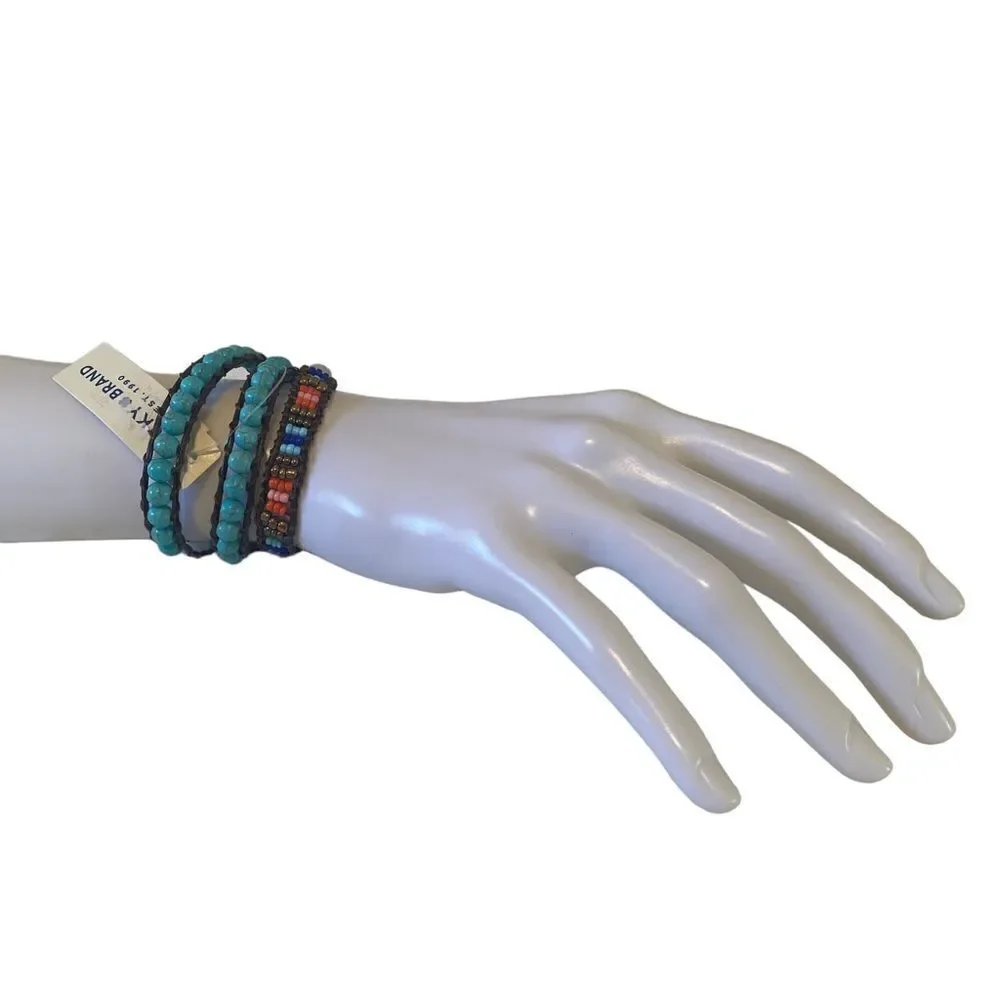 Multi Colored Seed Bead & Leather Wraparound Bracelet.